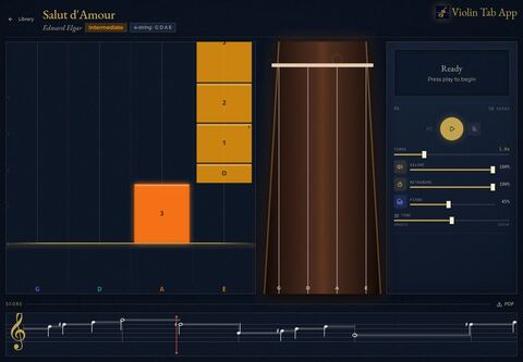 Salut d'Amour in the Violin Tab App Premium player, with falling notes, fingerboard guidance, notation, piano accompaniment, and practice controls visible