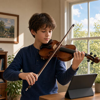 Young violinist using the Violin Tab App on a tablet while practicing beside a sunny window
